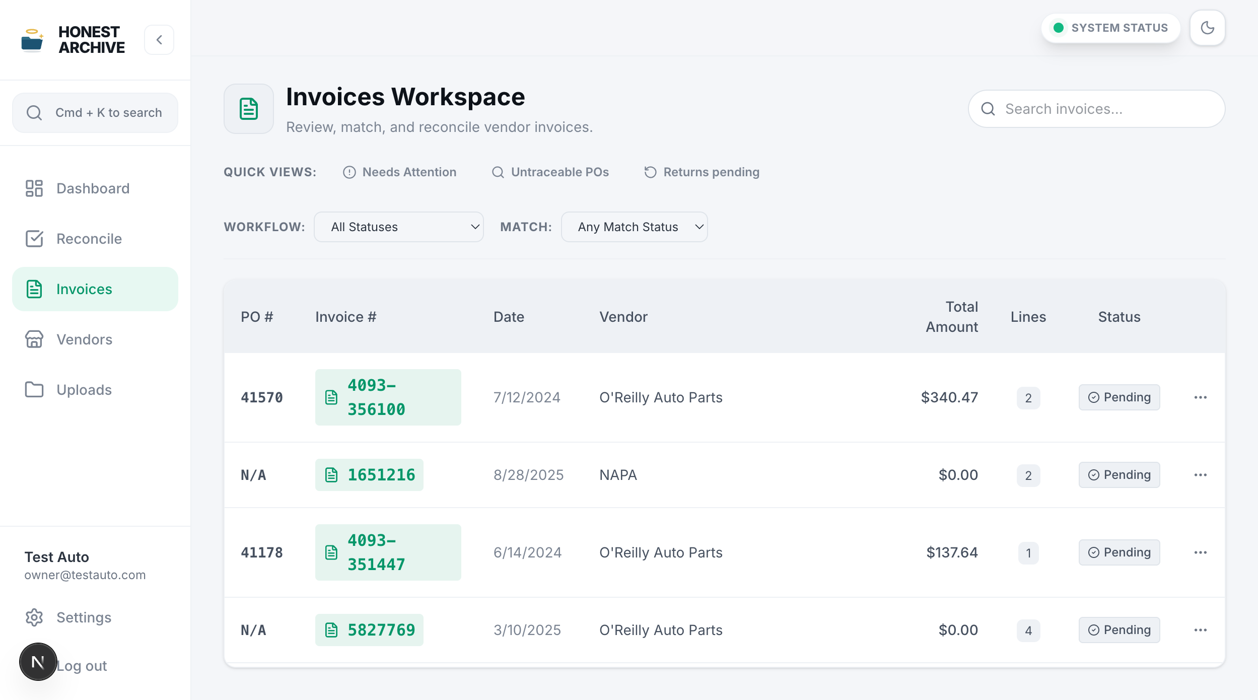 The Honest Archive invoices workspace, reconciling vendor invoices against repair orders